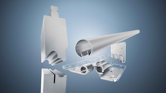 Representação 3D de matrizes de quinagem de metal e ferramentas para processamento de chapa sobre um fundo azul e verde