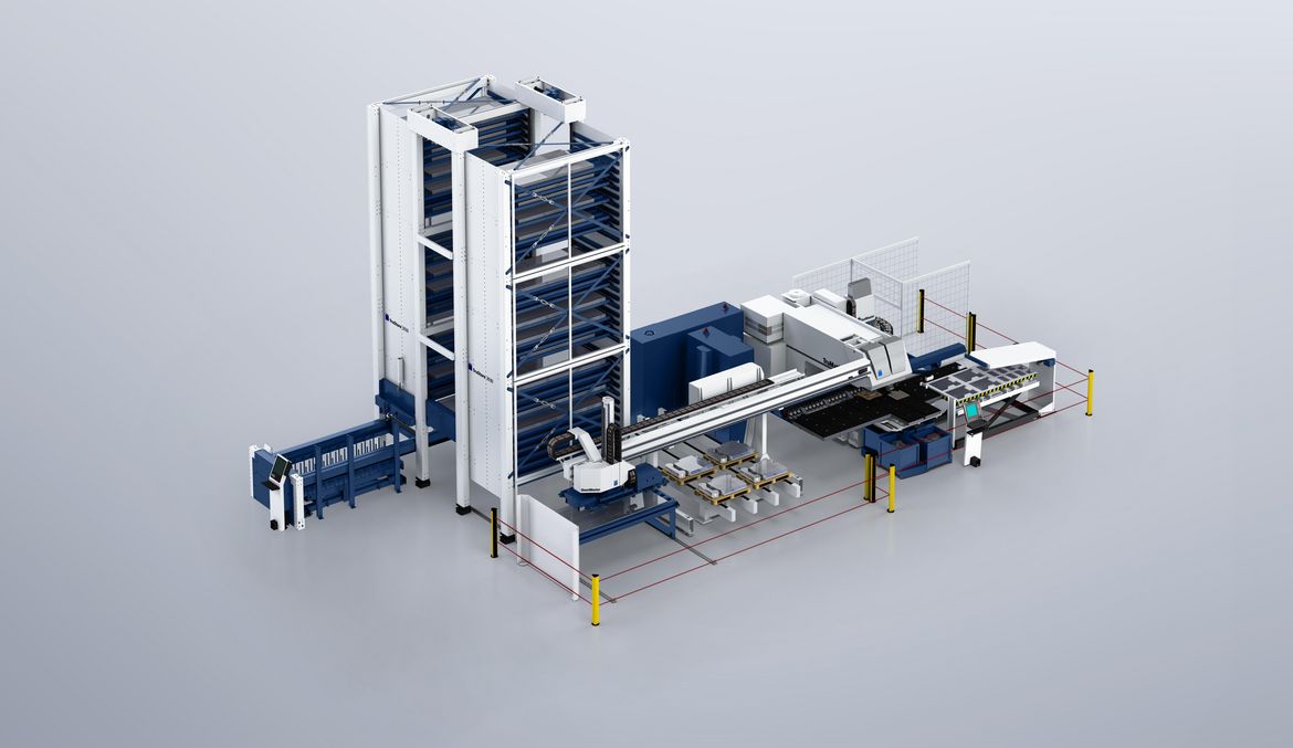TruMatic 7000 with TruStore 3030 and SheetMaster, dual loading cart on tracks, SortMaster Pallet, SortMaster Box, GripMaster, and ToolMaster