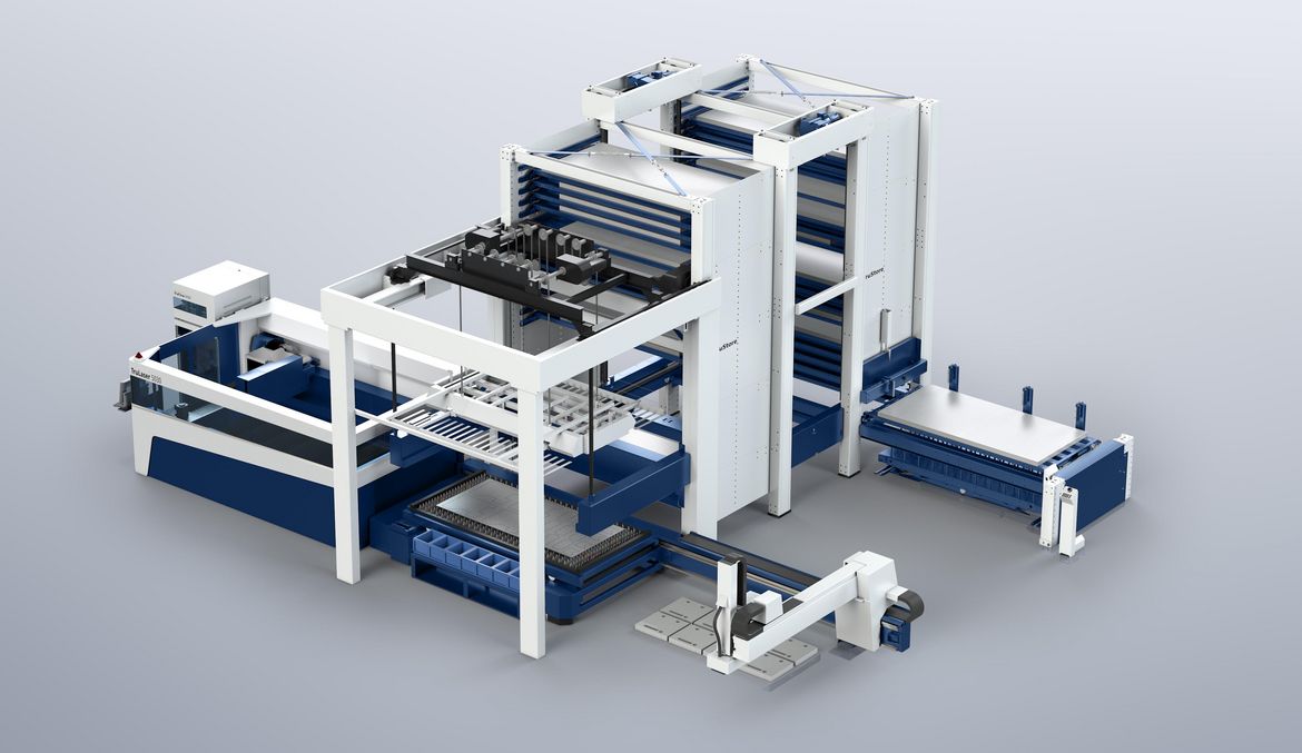 The LiftMaster Store connects a TruLaser 5030 directly to a TruStore 3030 and a SortMaster.