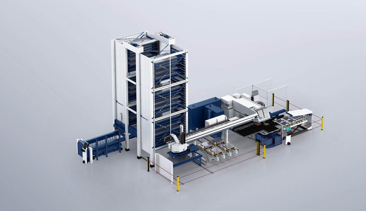 TruMatic 7000 sur TruStore 3030 avec SheetMaster, double chariot de chargement sur glissières, SortMaster Pallet, SortMaster Box, GripMaster et ToolMaster