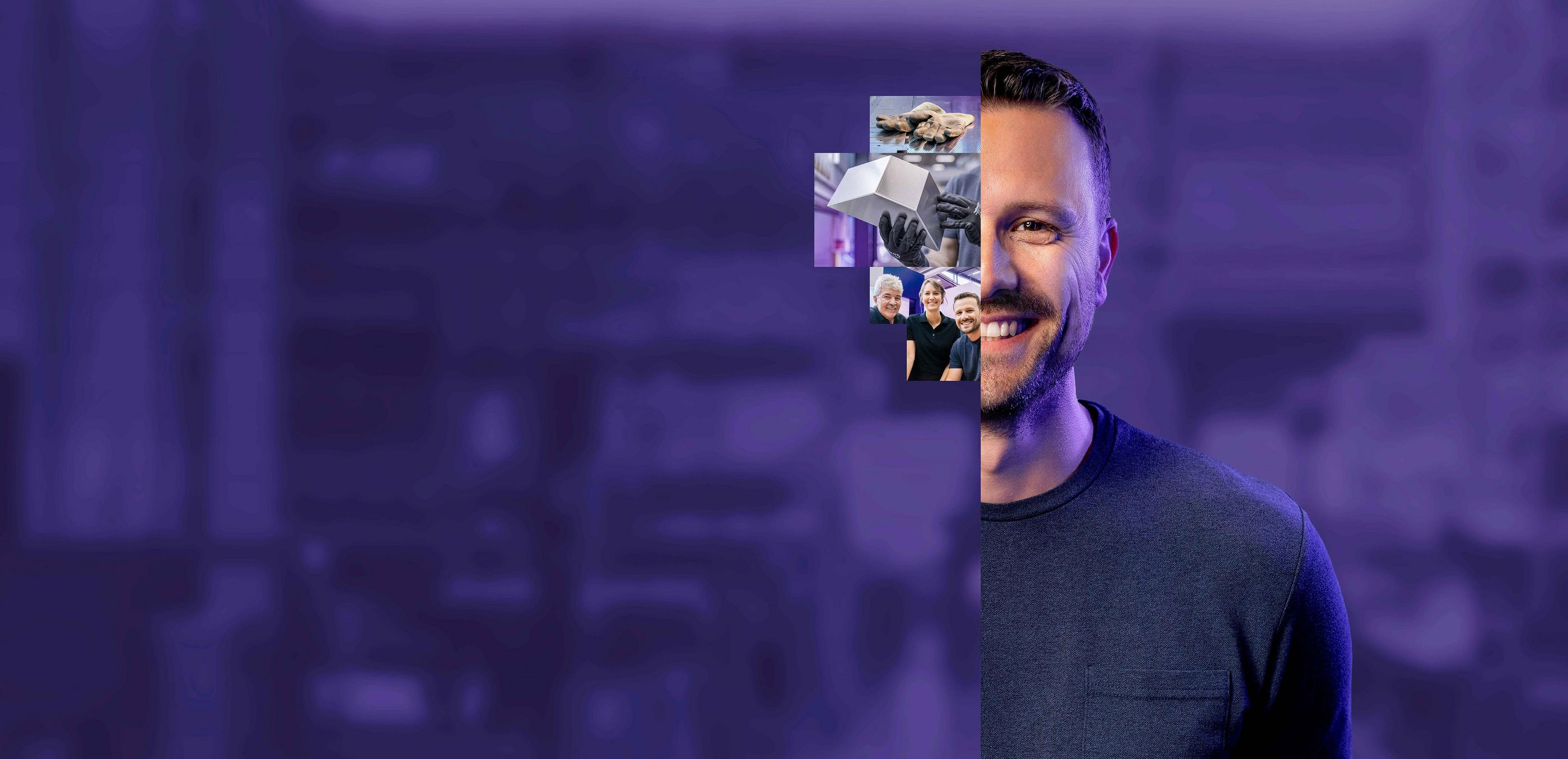 Homem com fotos de peças de amostra e uma foto da equipe ao lado da cabeça, tendo como fundo uma cidade e coloração lilás.